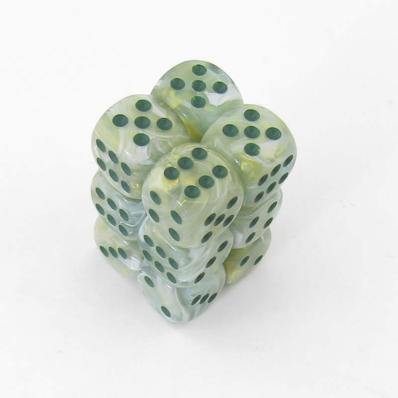 CHX27609 Green Marble Dice Dark Green Pips D6 16mm (5/8in) Pack of 12 (ONLINE ORDER ONLY)