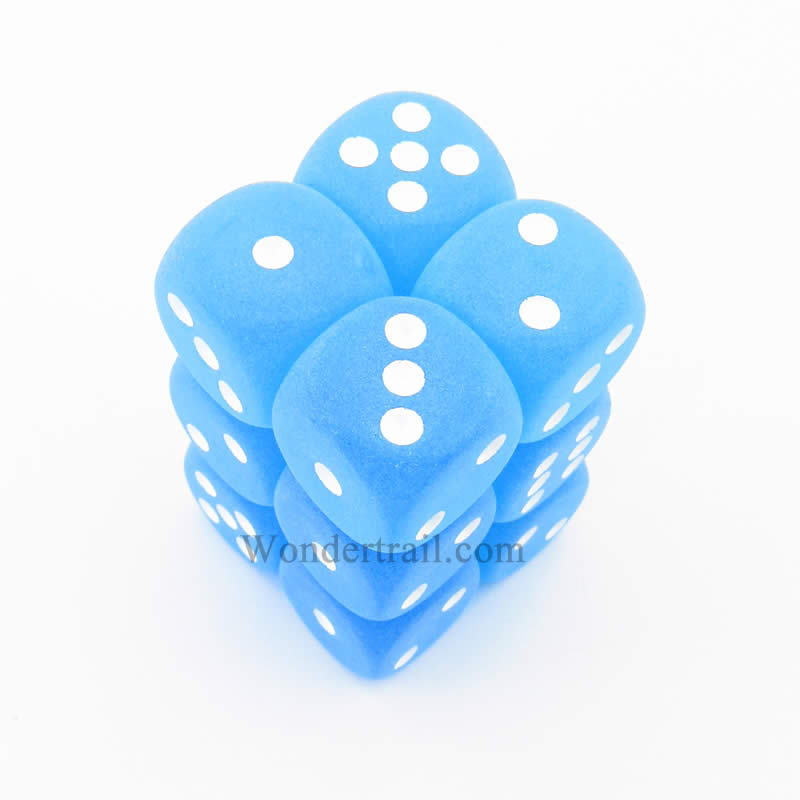 CHX27616 Caribbean Blue Frosted Dice White Pips D6 16mm Pack of 12 (ONLINE ORDER ONLY)