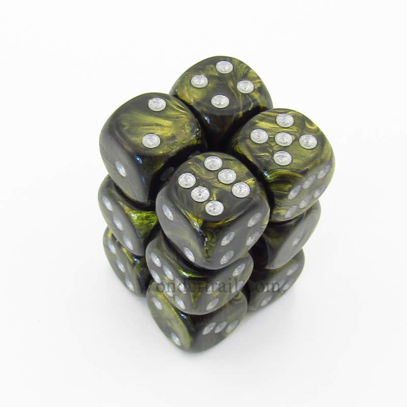 CHX27618 Black Gold Leaf Dice with Silver Pips D6 16mm (5/8in) Pack of 12 (ONLINE ORDER ONLY)