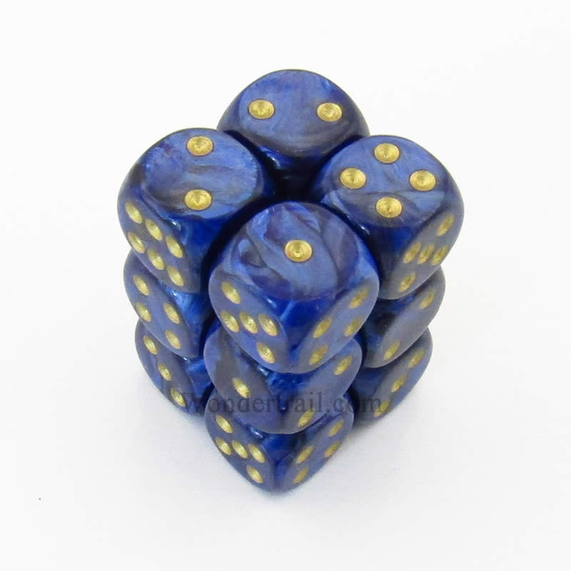 CHX27627 Royal Blue Scarab Dice Gold Pips D6 16mm (5/8in) Pack of 12 (ONLINE ORDER ONLY)