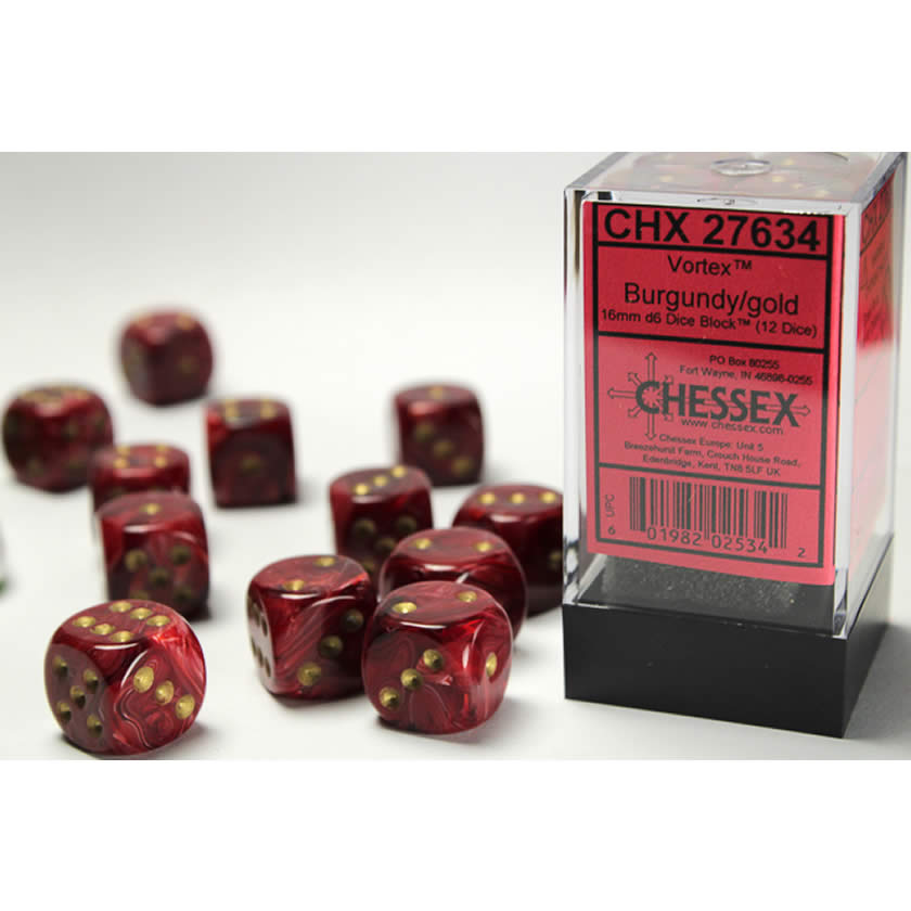 CHX27634 Burgundy Vortex Dice with Gold Pips D6 16mm (5/8in) Pack of 12 (ONLINE ORDER ONLY)
