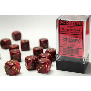 CHX27634 Burgundy Vortex Dice with Gold Pips D6 16mm (5/8in) Pack of 12 (ONLINE ORDER ONLY)