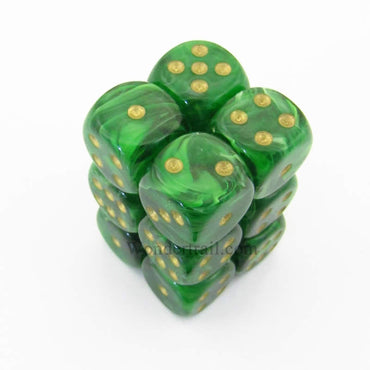 CHX27635 Green Vortex Dice with Gold Pips D6 16mm (5/8in) Pack of 12 (ONLINE ORDER ONLY)