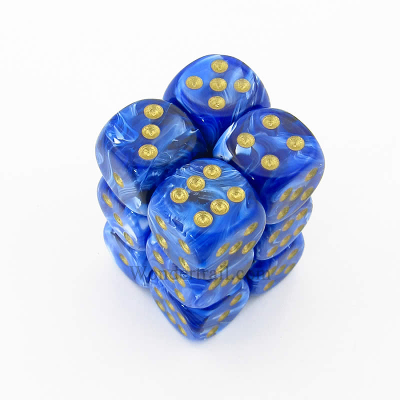 CHX27636 Blue Vortex Dice with Gold Pips D6 16mm (5/8in) Pack of 12 (ONLINE ORDER ONLY)