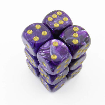 CHX27637 Purple Vortex Dice with Gold Pips D6 16mm (5/8in) Pack of 12 (ONLINE ORDER ONLY)