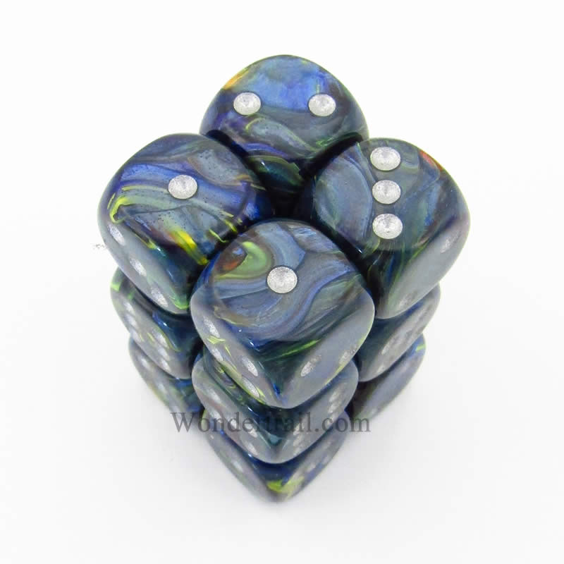 CHX27645 Green Festive Dice with Silver Pips D6 16mm (5/8in) Pack of 12 (ONLINE ORDER ONLY)