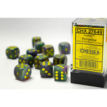 CHX27649 Rio Festive Dice with Yellow Pips D6 16mm (5/8in) Pack of 12 (ONLINE ORDER ONLY)