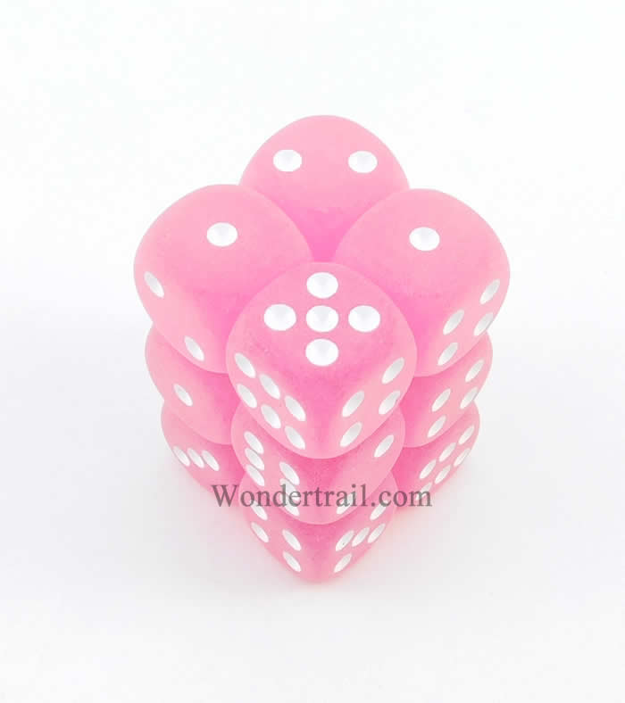 CHX27664 Pink Frosted Dice with White Pips D6 16mm (5/8in) Pack of 12 (ONLINE ORDER ONLY)