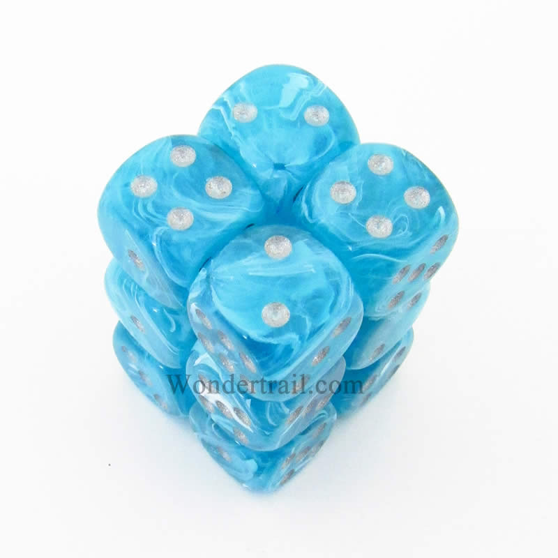 CHX27665 Aqua Cirrus Dice with Silver Pips D6 16mm (5/8in) Pack of 12 (ONLINE ORDER ONLY)