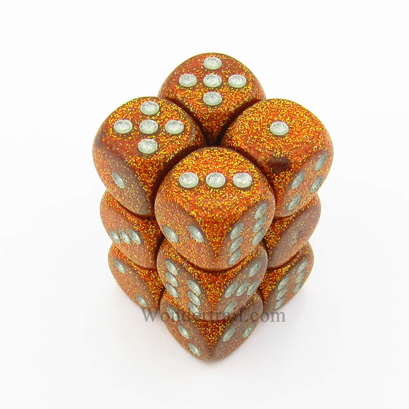 CHX27703 Gold Glitter Dice with Silver Pips D6 16mm (5/8in) Pack of 12 (ONLINE ORDER ONLY)