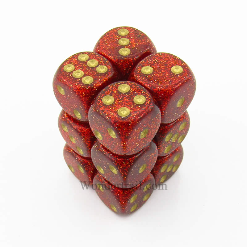 CHX27704 Ruby Glitter Dice with Gold Pips D6 16mm (5/8in) Pack of 12 (ONLINE ORDER ONLY)