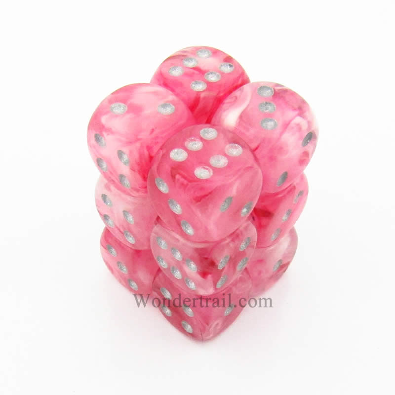 CHX27724 Pink Ghostly Glow Dice Silver Pips D6 16mm (5/8in) Pack of 12 (ONLINE ORDER ONLY)
