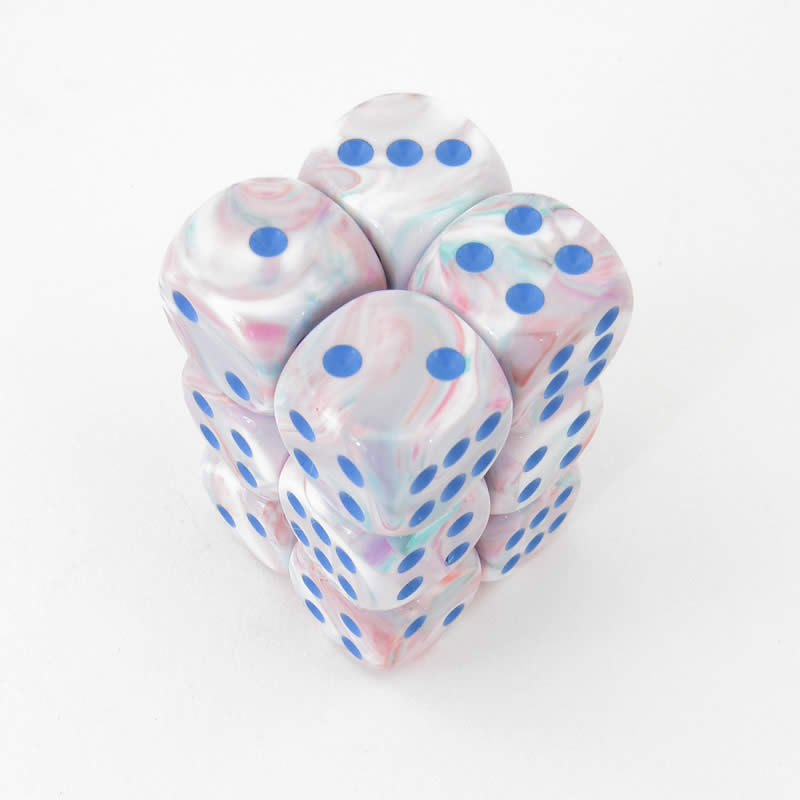 CHX27744 Pop Art Festive Dice with Blue Pips D6 16mm (5/8in) Pack of 12 (ONLINE ORDER ONLY)