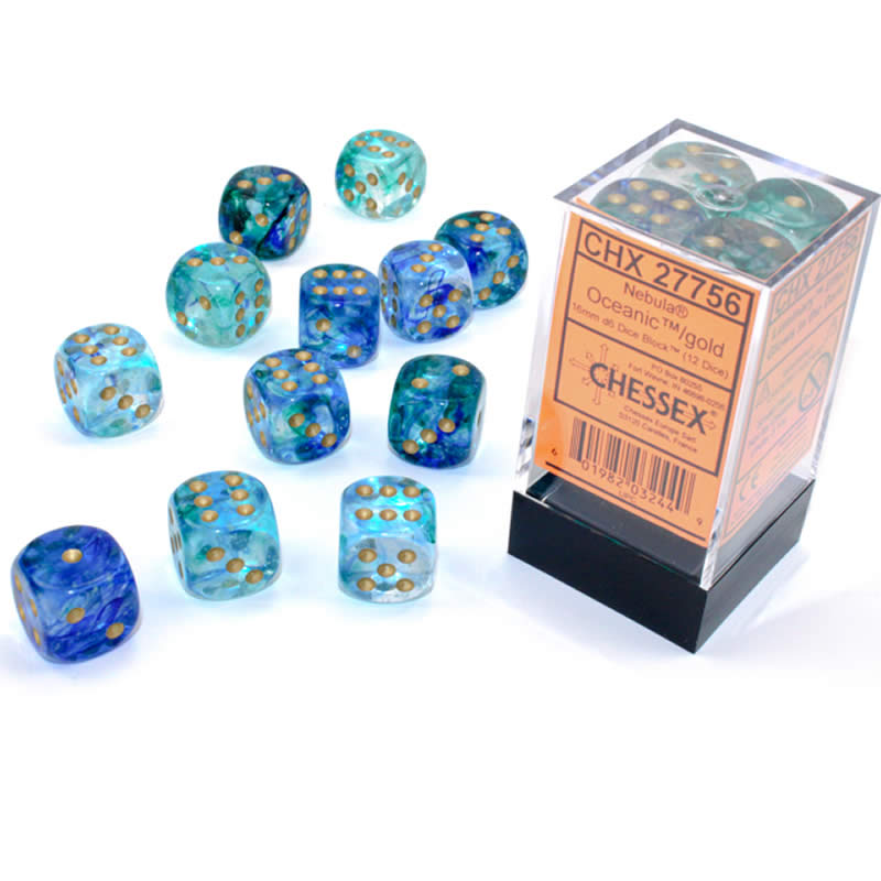 CHX27756 Oceanic Nebula Luminary Dice Gold Pips D6 16mm (5/8in) Pack of 12 (ONLINE ORDER ONLY)