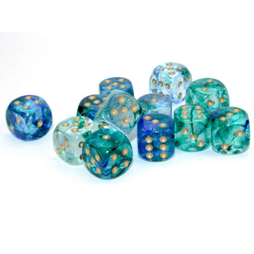 CHX27756 Oceanic Nebula Luminary Dice Gold Pips D6 16mm (5/8in) Pack of 12 (ONLINE ORDER ONLY)