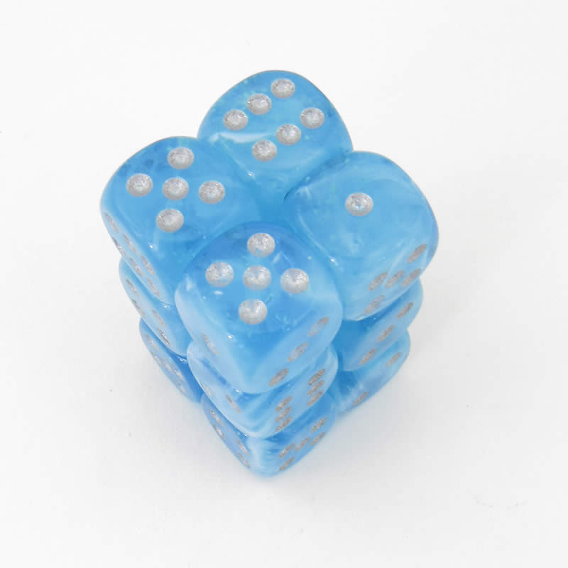 CHX27766 Sky Borealis Dice Luminary Silver Pips D6 16mm (5/8in) Pack of 12 (ONLINE ORDER ONLY)