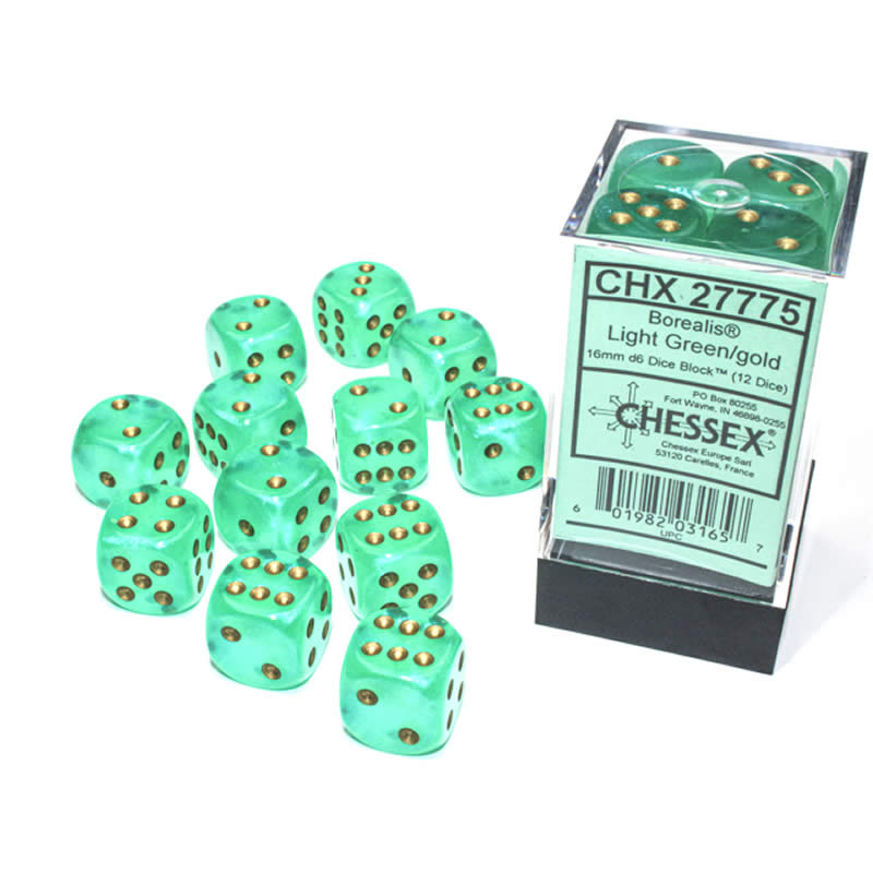CHX27775 Light Green Borealis Dice Luminary Gold Pips D6 16mm (5/8in) Pack of 12 (ONLINE ORDER ONLY)