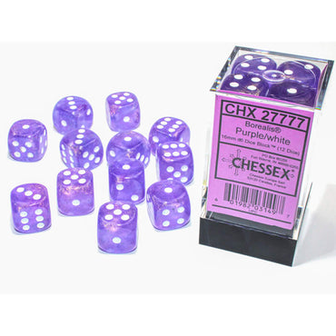 CHX27777 Purple Borealis Dice Luminary White Pips D6 16mm (5/8in) Pack of 12 (ONLINE ORDER ONLY)