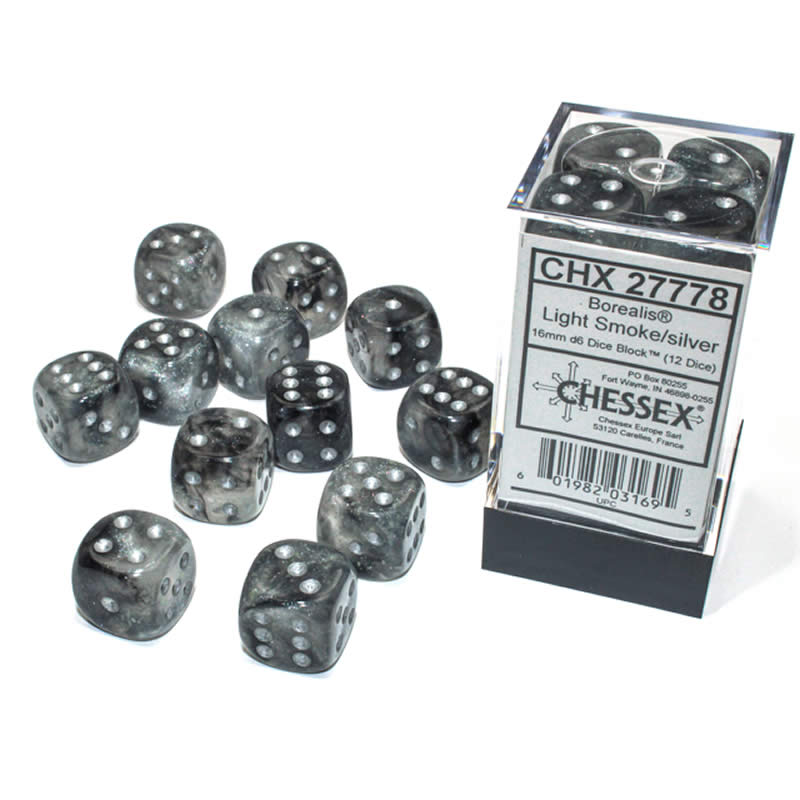 CHX27778 Light Smoke Borealis Dice Luminary Silver Pips D6 16mm (5/8in) Pack of 12 (ONLINE ORDER ONLY)