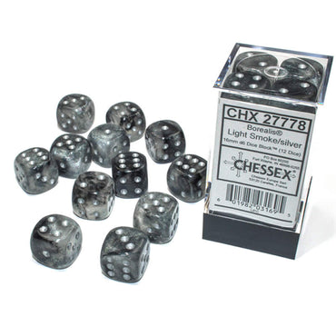 CHX27778 Light Smoke Borealis Dice Luminary Silver Pips D6 16mm (5/8in) Pack of 12 (ONLINE ORDER ONLY)