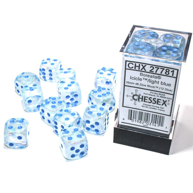 CHX27781 Icicle Borealis Dice Luminary Light Blue Pips D6 16mm (5/8in) Pack of 12 (ONLINE ORDER ONLY)