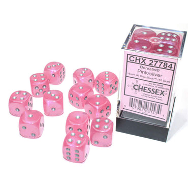 CHX27784 Pink Borealis Dice Luminary Silver Pips D6 16mm (5/8in) Pack of 12 (ONLINE ORDER ONLY)