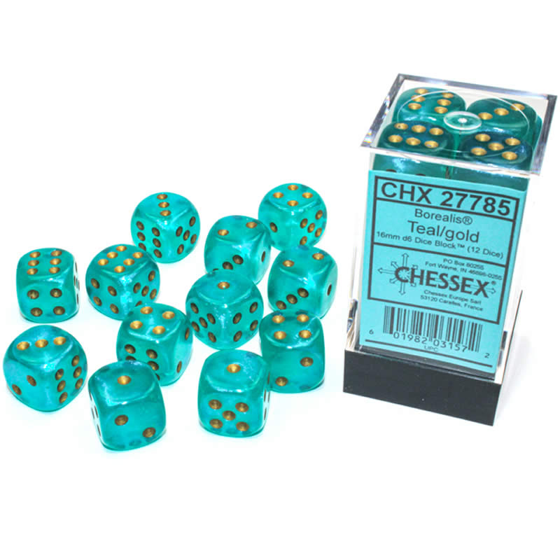 CHX27785 Teal Borealis Dice Luminary Gold Pips D6 16mm (5/8in) Pack of 12 (ONLINE ORDER ONLY)