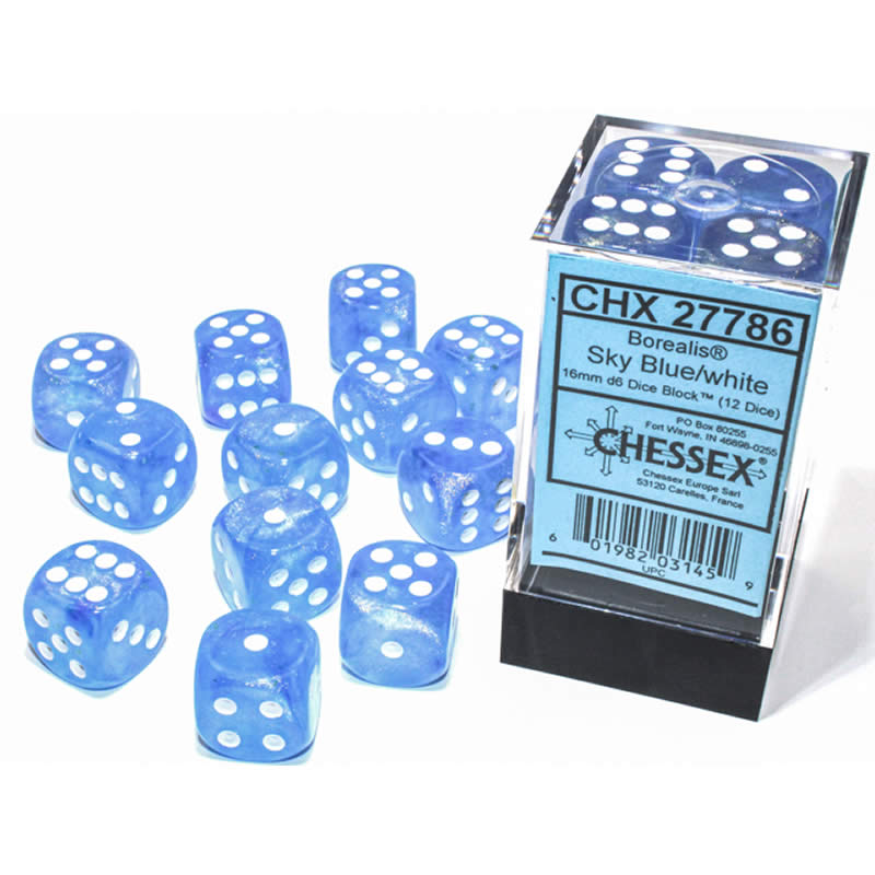CHX27786 Sky Blue Borealis Dice Luminary White Pips D6 16mm (5/8in) Pack of 12 (ONLINE ORDER ONLY)