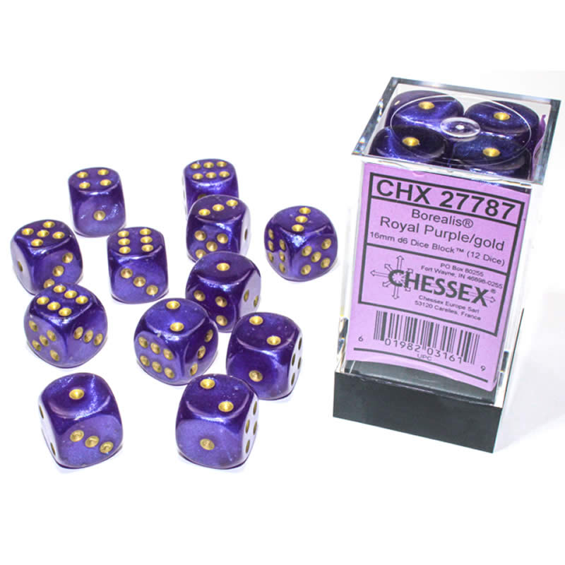 CHX27787 Royal Purple Borealis Dice Luminary Gold Pips D6 16mm (5/8in) Pack of 12 (ONLINE ORDER ONLY)