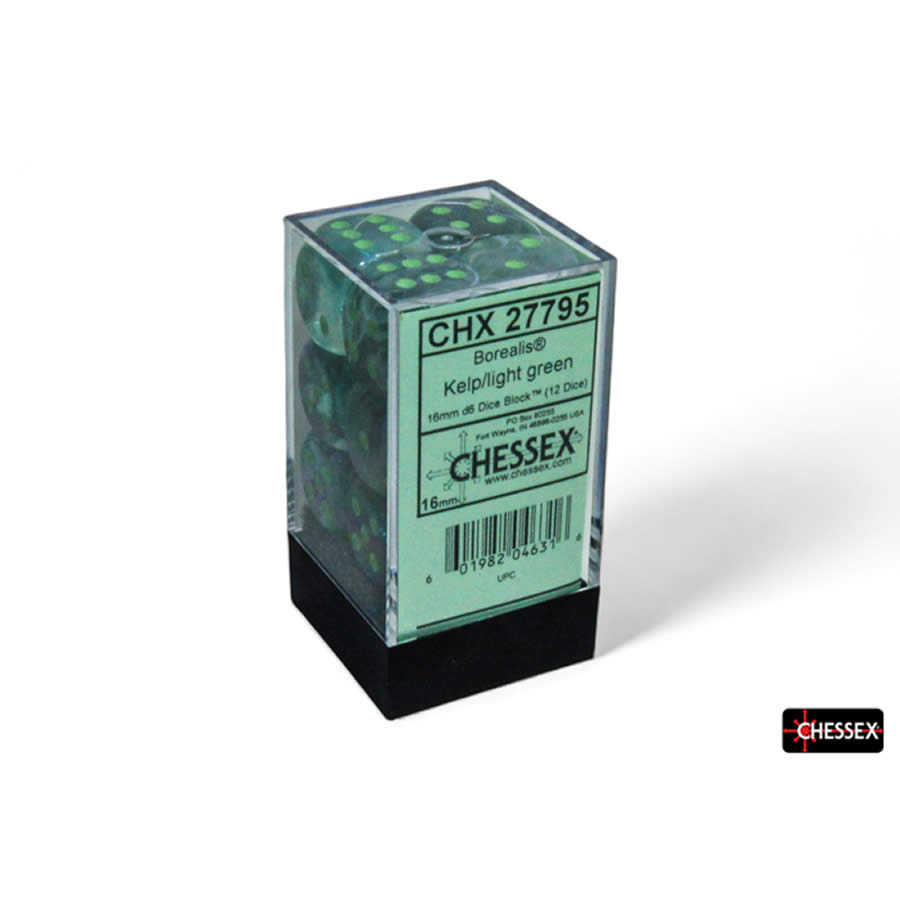 CHX27795 Kelp Borealis Dice Luminary with Light Green Pips D6 16mm (5/8in) Pack of 12 (ONLINE ORDER ONLY)