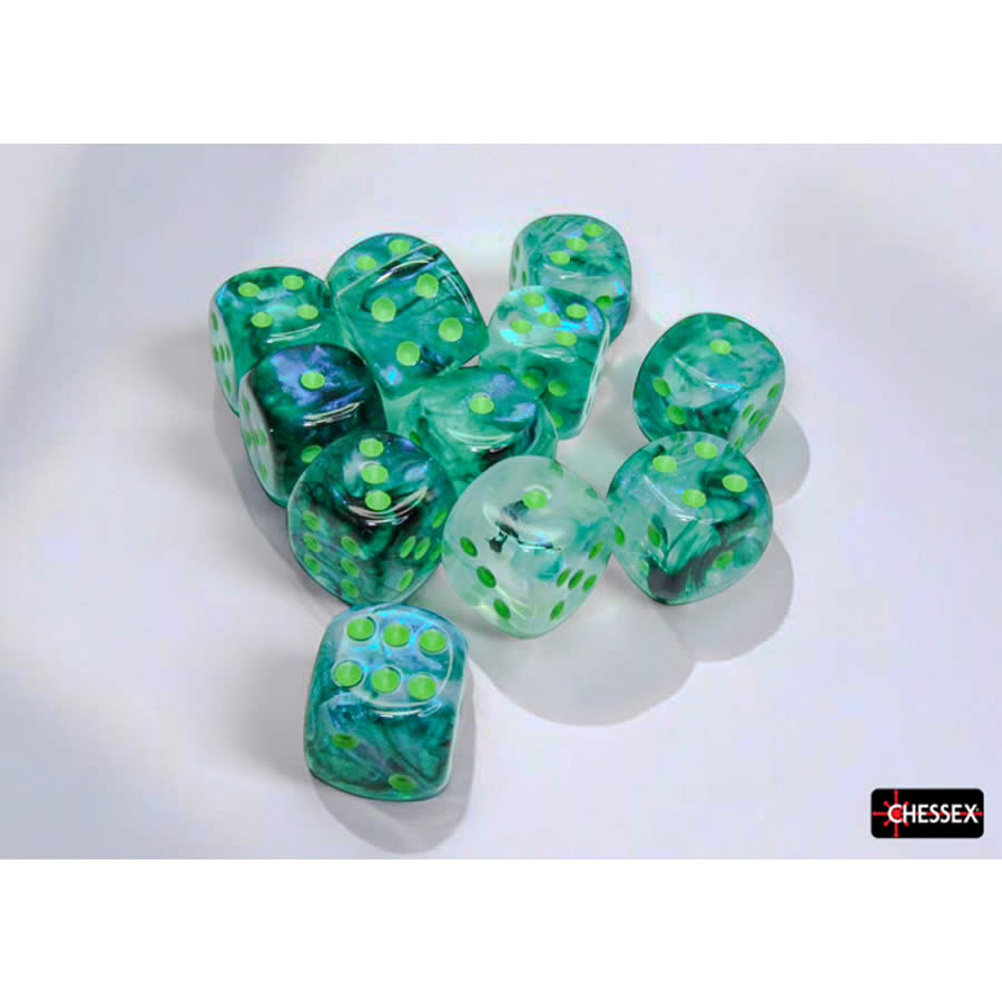 CHX27795 Kelp Borealis Dice Luminary with Light Green Pips D6 16mm (5/8in) Pack of 12 (ONLINE ORDER ONLY)