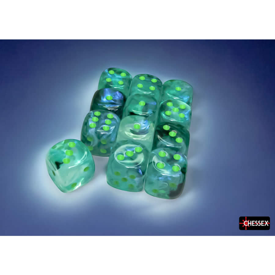 CHX27795 Kelp Borealis Dice Luminary with Light Green Pips D6 16mm (5/8in) Pack of 12 (ONLINE ORDER ONLY)