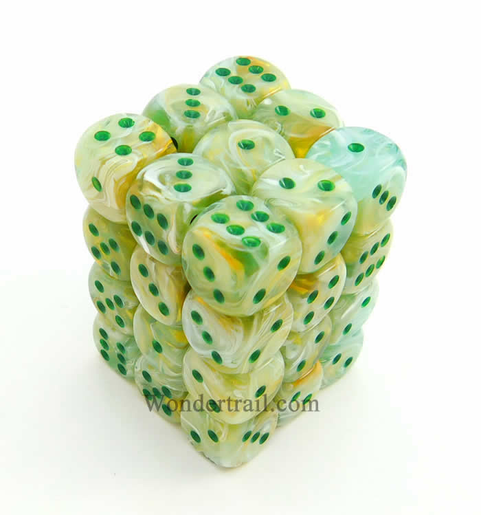 CHX27809 Green Marble Dice with Green Pips D6 12mm (1/2in) Pack of 36 (ONLINE ORDER ONLY)