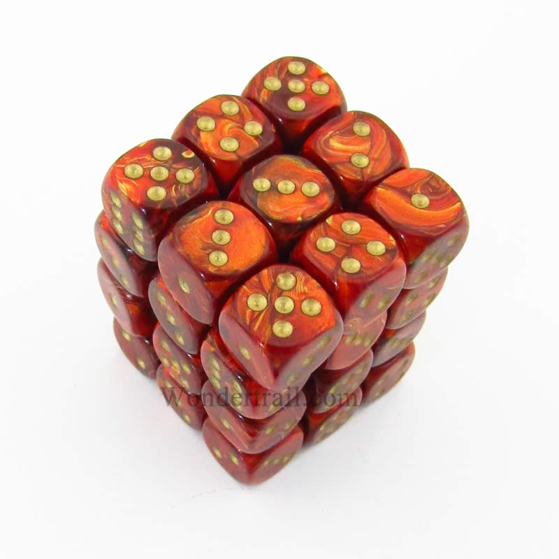 CHX27814 Scarlet Scarab Dice with Gold Colored Pips D6 12mm (1/2in) Pack of 36 (ONLINE ORDER ONLY)