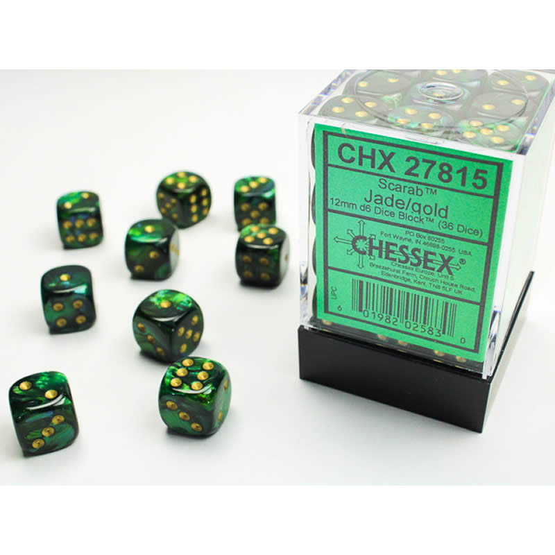 CHX27815 Jade Scarab Dice with Gold Pips D6 12mm (1/2in) Pack of 36 (ONLINE ORDER ONLY)