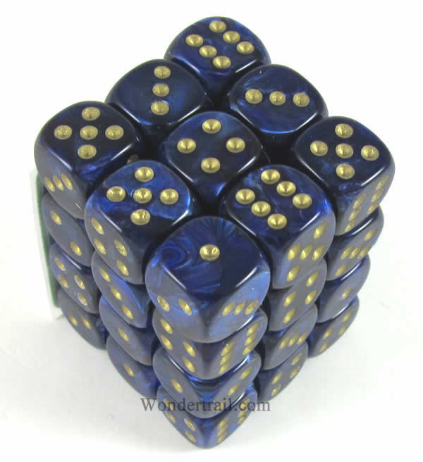 CHX27827 Royal Blue Scarab Dice Gold Pips D6 12mm (1/2in) Pack of 36 (ONLINE ORDER ONLY)