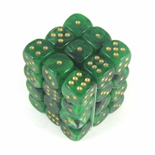 CHX27835 Green Vortex Dice with Gold Pips D6 12mm (1/2in) Pack of 36 (ONLINE ORDER ONLY)
