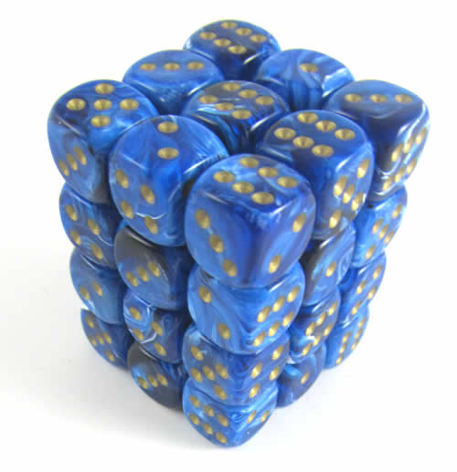 CHX27836 Blue Vortex Dice with Gold Pips D6 12mm (1/2in) Pack of 36 (ONLINE ORDER ONLY)