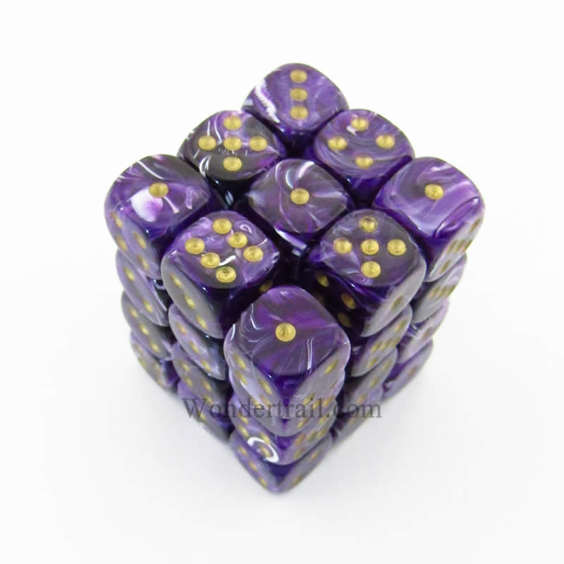 CHX27837 Purple Vortex Dice with Gold Pips D6 12mm (1/2in) Pack of 36 (ONLINE ORDER ONLY)