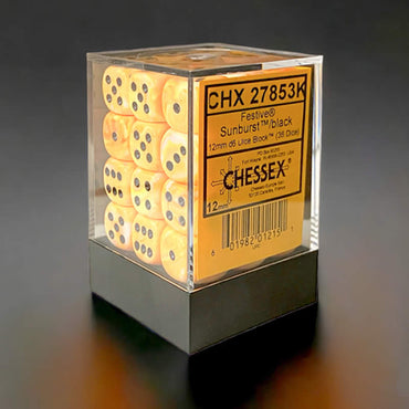 CHX27853K Sunburst Festive Dice with Black Pips D6 12mm (1/2in) Pack of 36 (ONLINE ORDER ONLY)