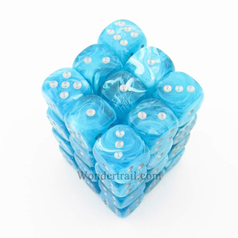 CHX27865 Aqua Cirrus Dice with Silver Pips D6 12mm (1/2in) Pack of 36 (ONLINE ORDER ONLY)