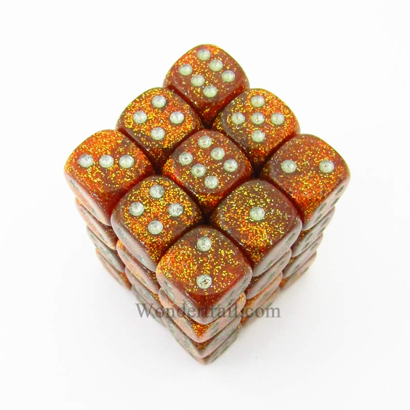 CHX27903 Gold Glitter Dice with Silver Pips D6 12mm (1/2in) Pack of 36 (ONLINE ORDER ONLY)