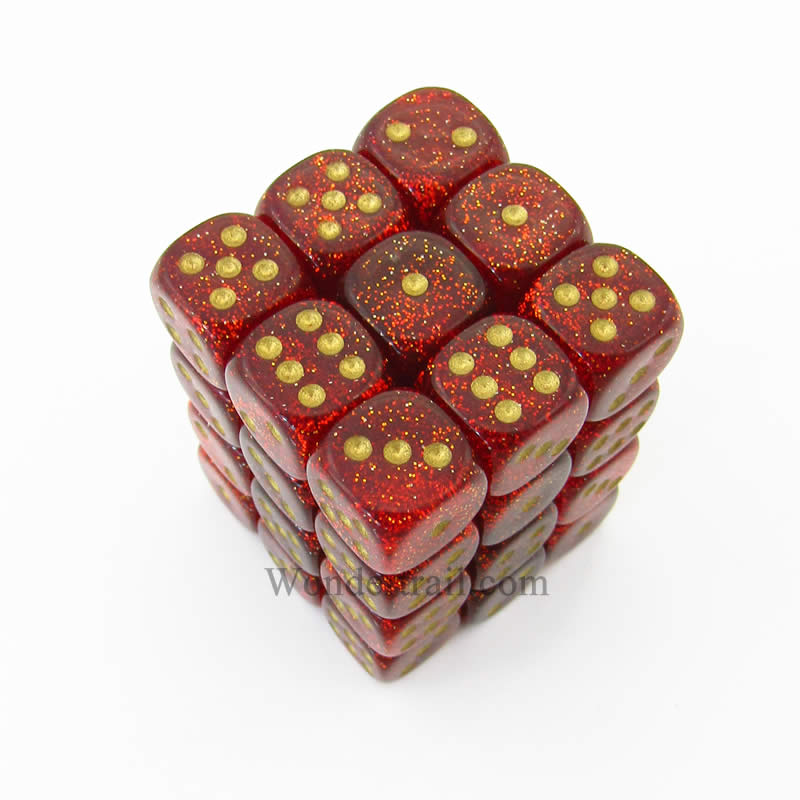 CHX27904 Ruby Glitter Dice with Gold Pips D6 12mm (1/2in) Pack of 36 (ONLINE ORDER ONLY)