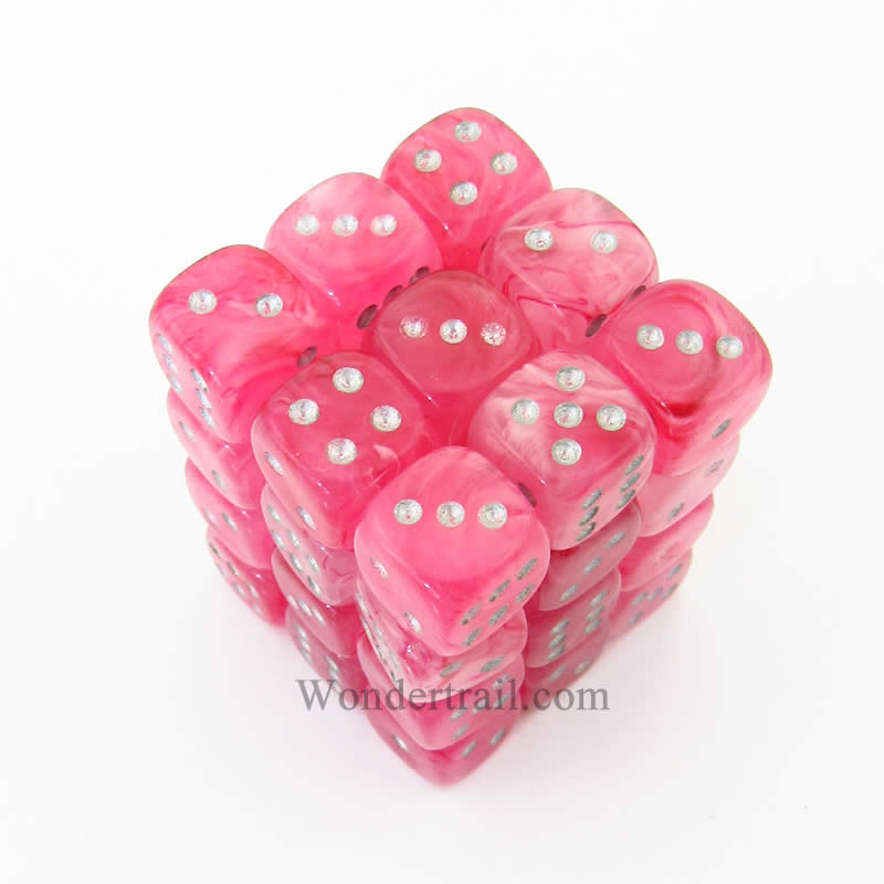 CHX27924 Pink Ghostly Glow Dice Silver Pips D6 12mm (1/2in) Pack of 36 (ONLINE ORDER ONLY)