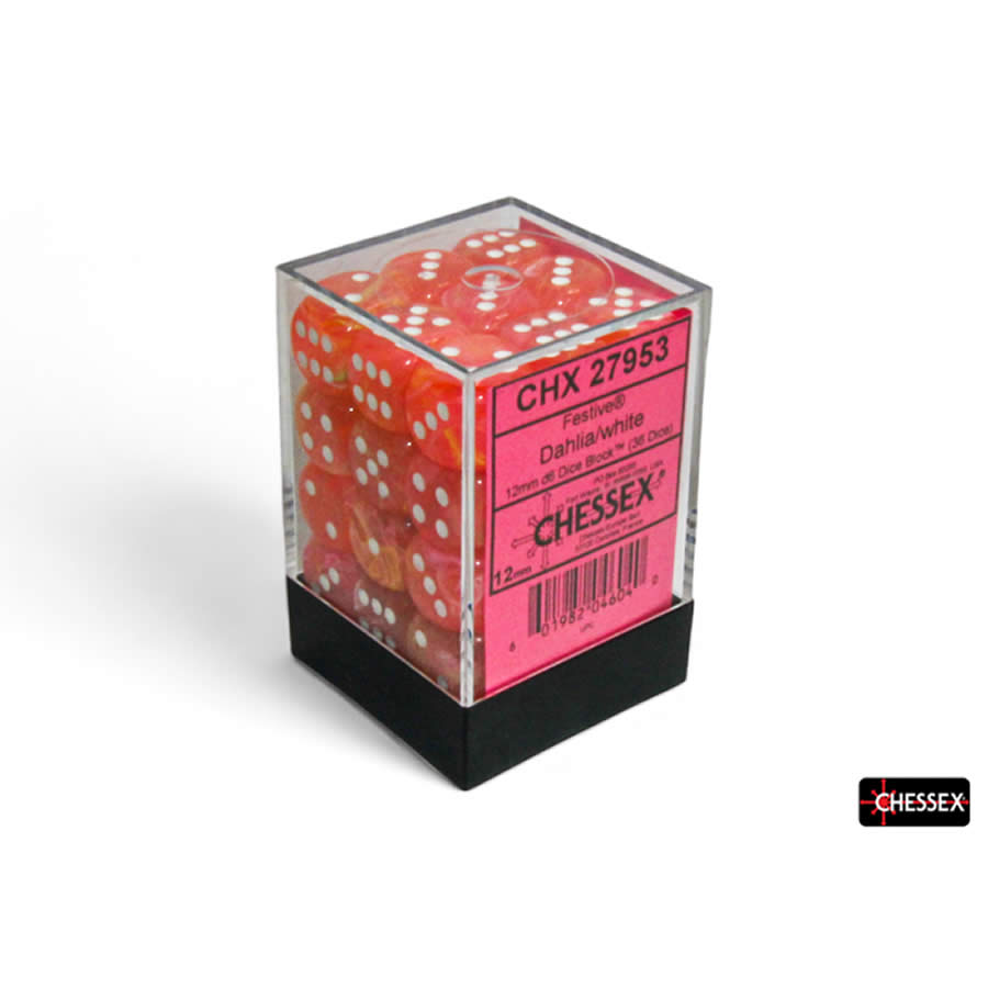 CHX27953 Dahlia Festive Luminary Dice with White Pips D6 12mm (1/2in) Pack of 36 (ONLINE ORDER ONLY)