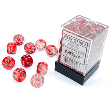 CHX27954 Red Nebula Luminary Dice Silver Pips D6 12mm (1/2in) Pack of 36 (ONLINE ORDER ONLY)