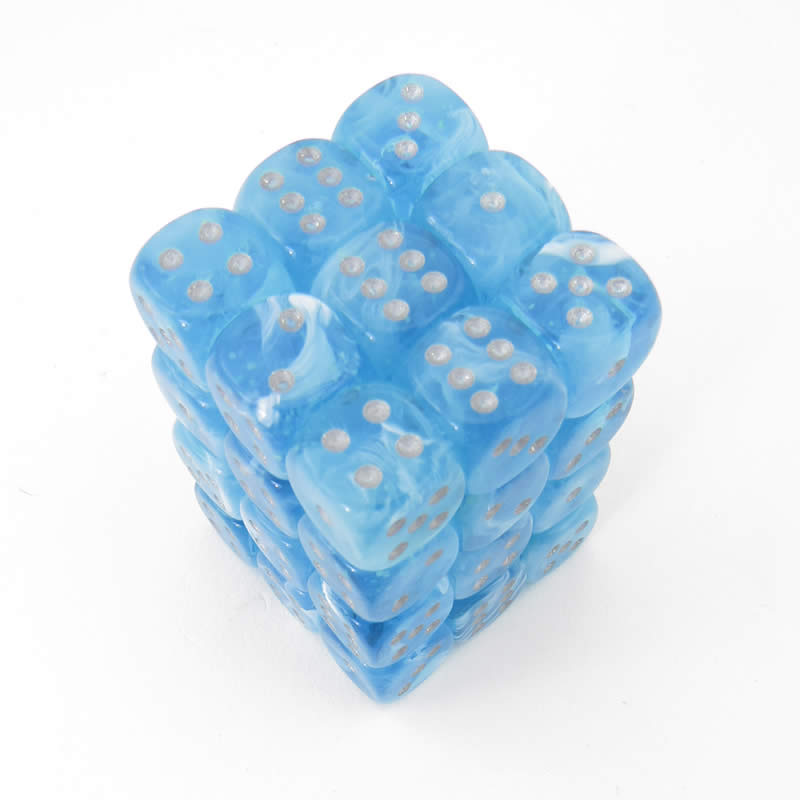 CHX27966 Sky Borealis Dice Luminary Silver Pips D6 12mm (1/2in) Pack of 36 (ONLINE ORDER ONLY)