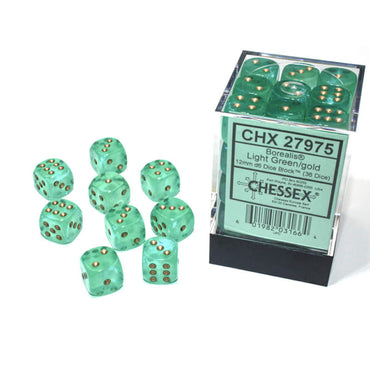 CHX27975 Light Green Borealis Dice Luminary Gold Pips D6 12mm (1/2in) Pack of 36 (ONLINE ORDER ONLY)