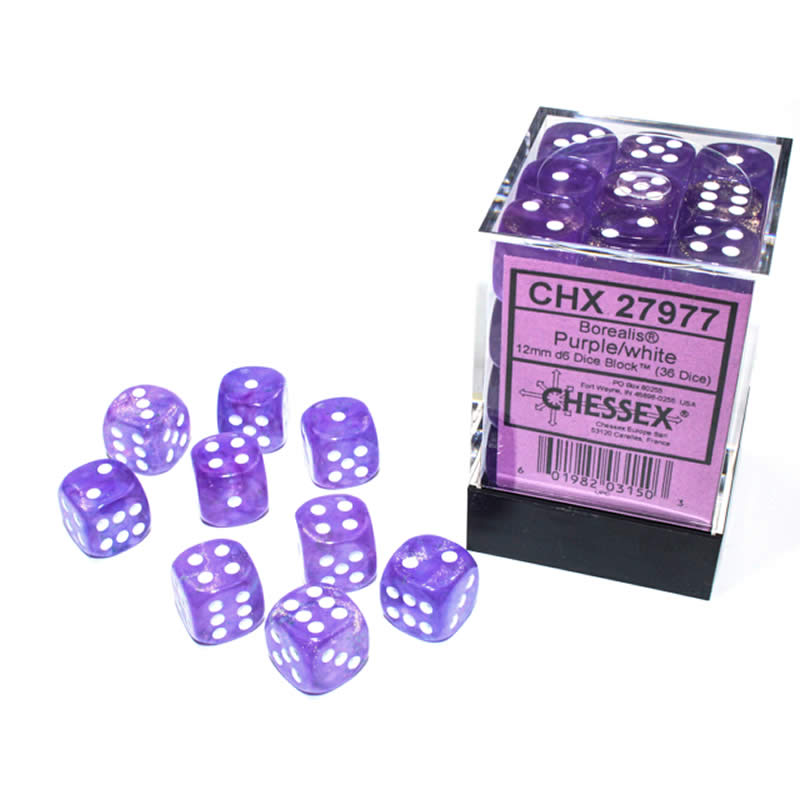CHX27977 Purple Borealis Dice Luminary White Pips D6 12mm (1/2in) Pack of 36 (ONLINE ORDER ONLY)