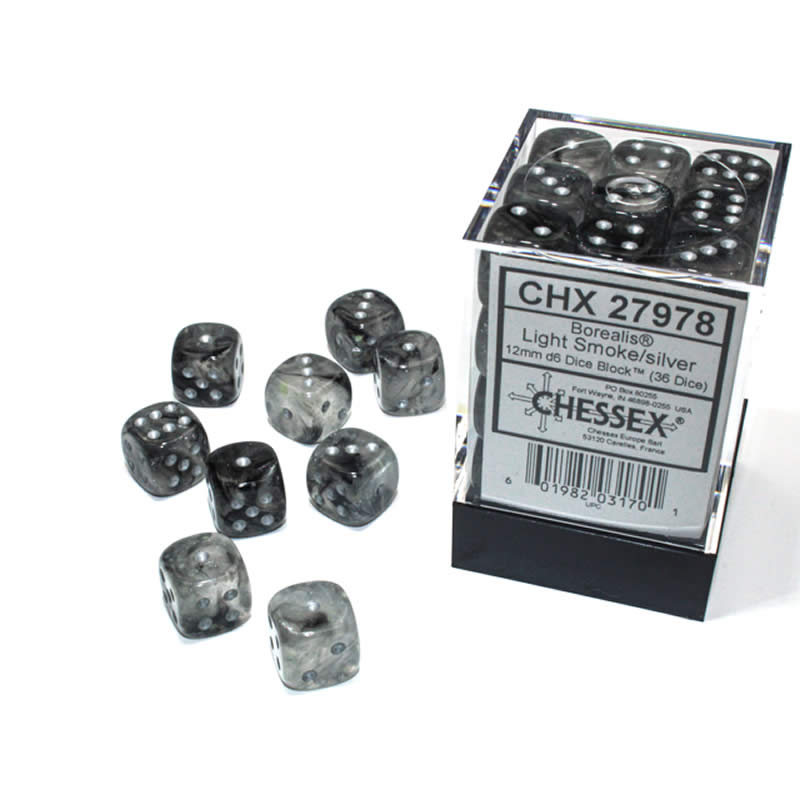 CHX27978 Light Smoke Borealis Dice Luminary Silver Pips D6 12mm (1/2in) Pack of 36 (ONLINE ORDER ONLY)